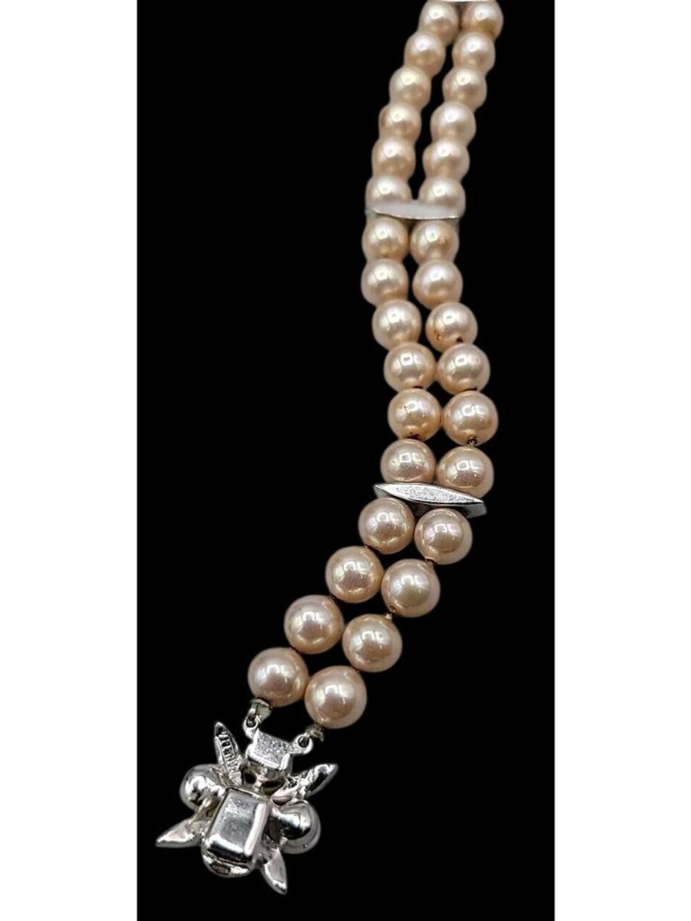 Vintage Panetta Double Strand Champagne Faux Pearl Bracelet Rhinestone Clasp - Picture 13 of 16